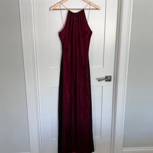 Burgundy halterneck silk dress with beading